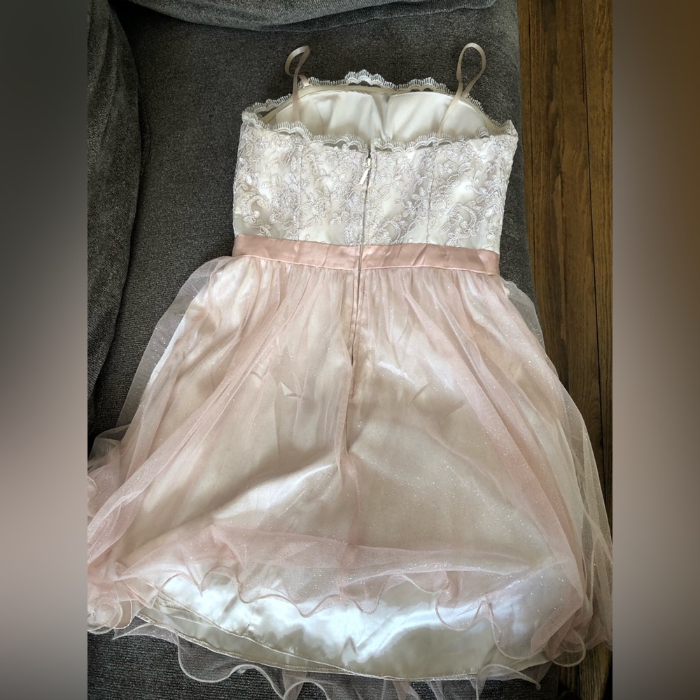 Pastel pink and champagne dress.  Hailey Logan
By Adrianna Papell